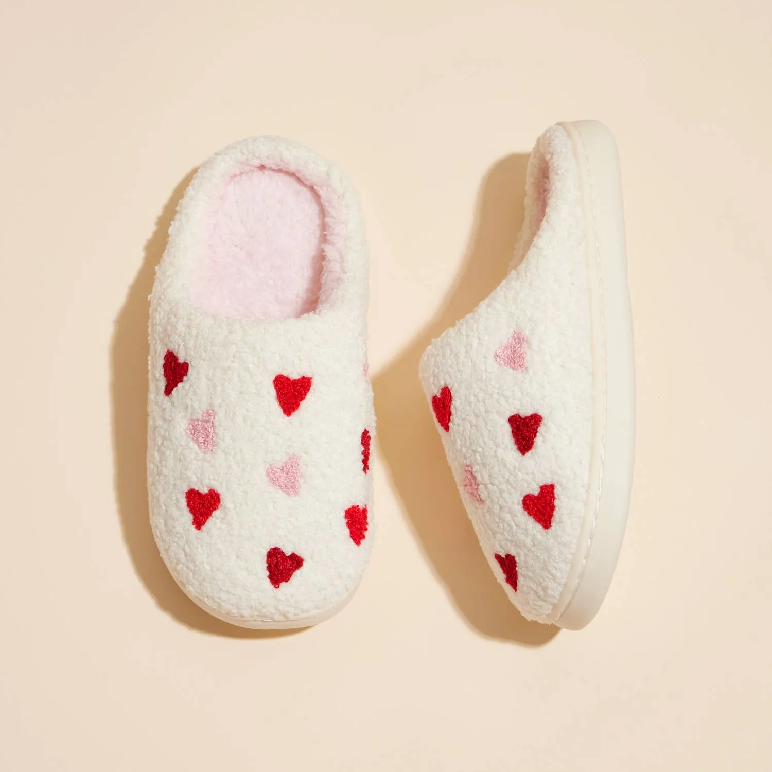 Plush Multi Hearts Home Slippers, Kids (3Y-8Y): White-Pink