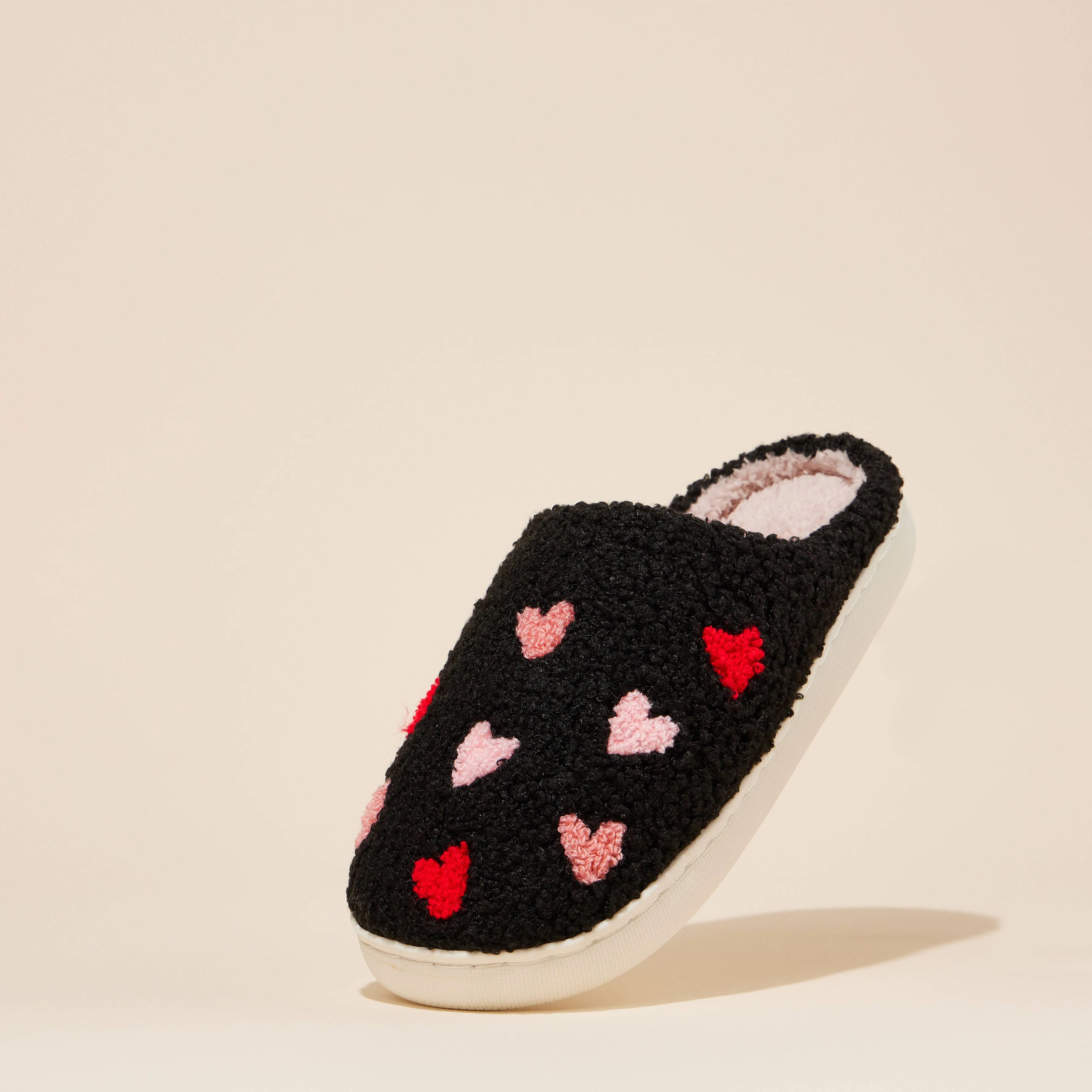 Plush Multi Hearts House Slippers, Women's (6-11): Black-Pink