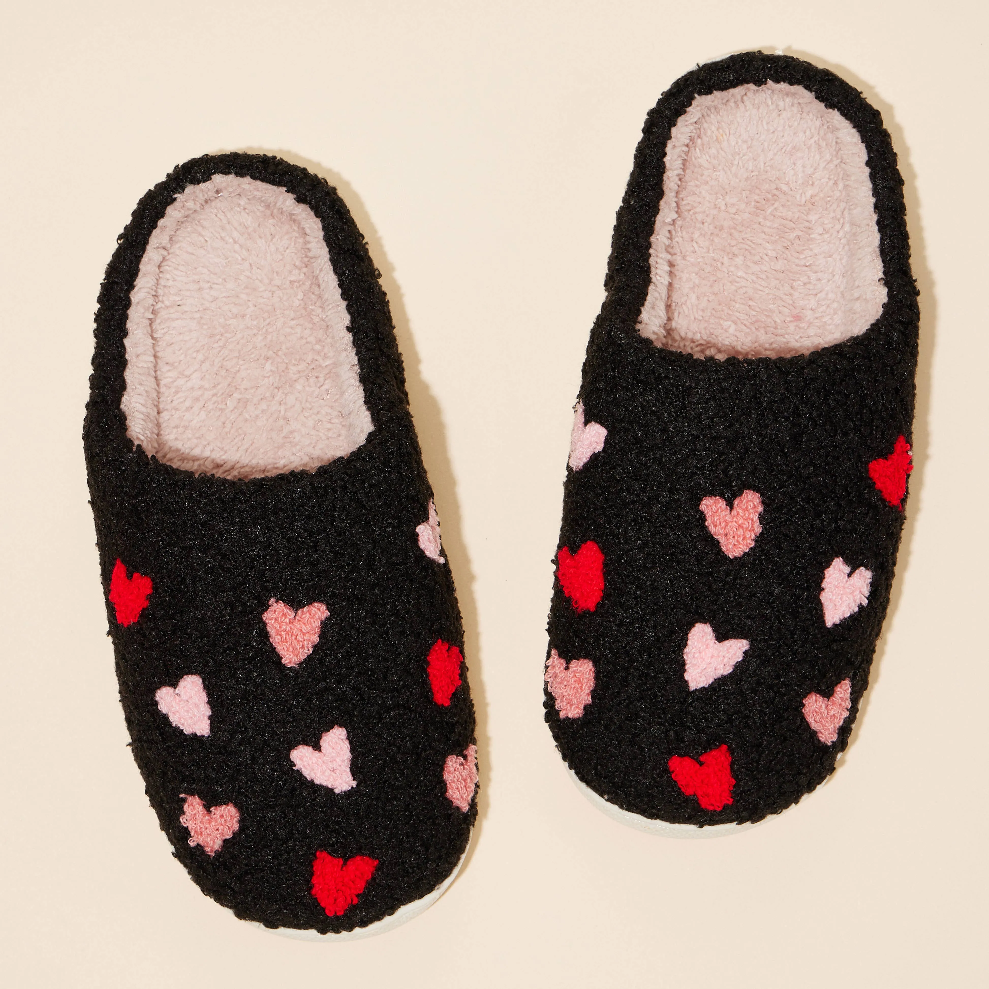 Plush Multi Hearts House Slippers, Women's (6-11): Black-Pink