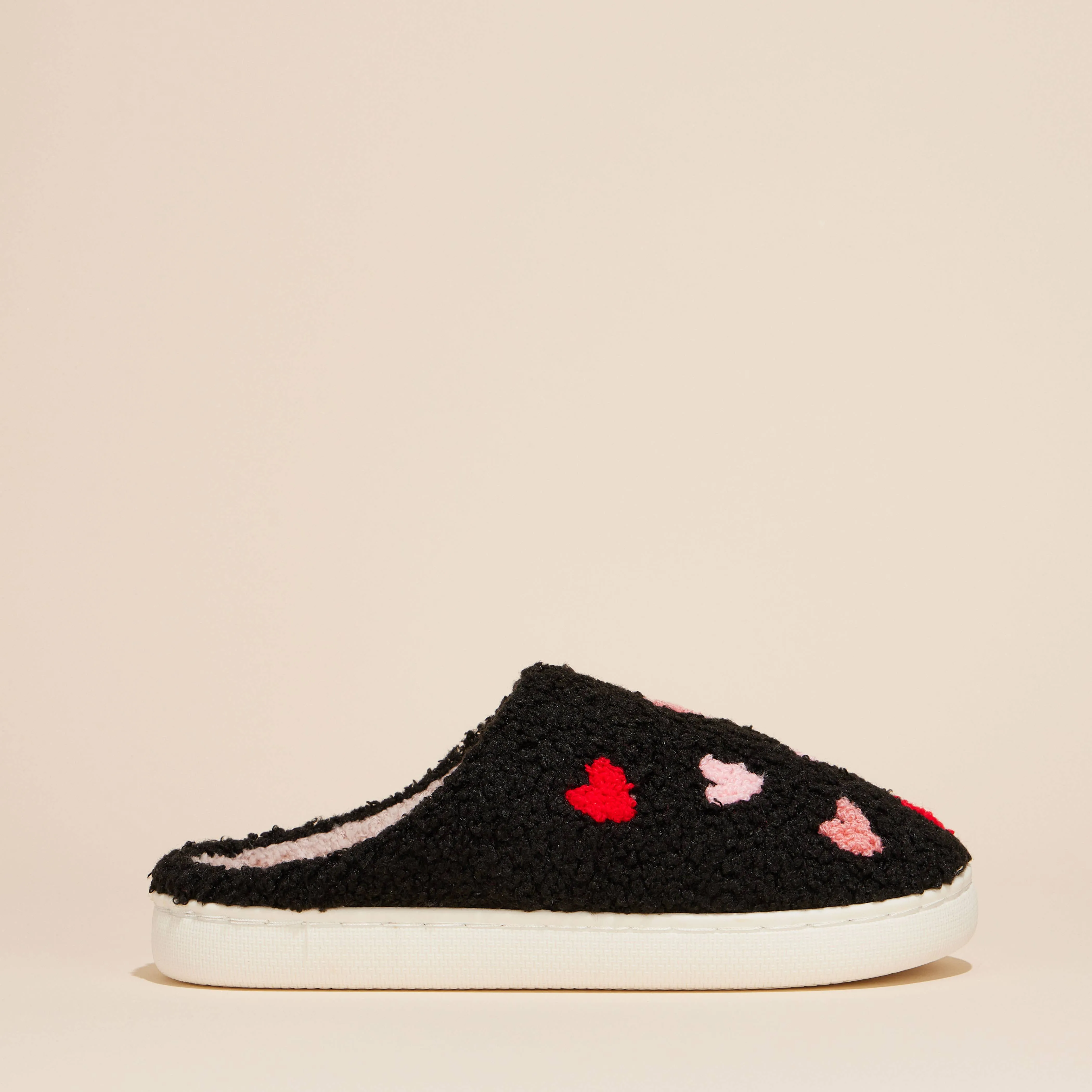Plush Multi Hearts House Slippers, Women's (6-11): Black-Pink