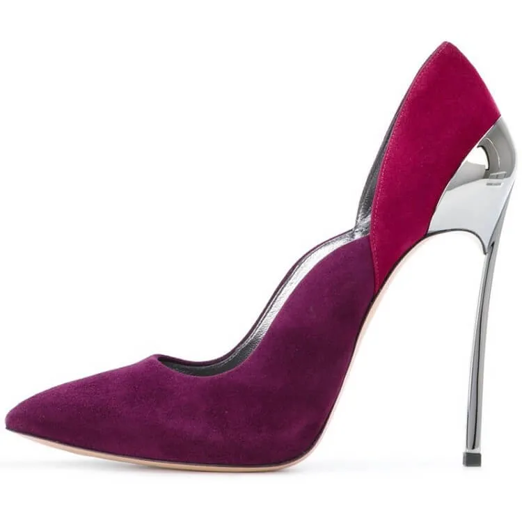 Purple Suede Patchwork Point Toe Stiletto Heel Pumps