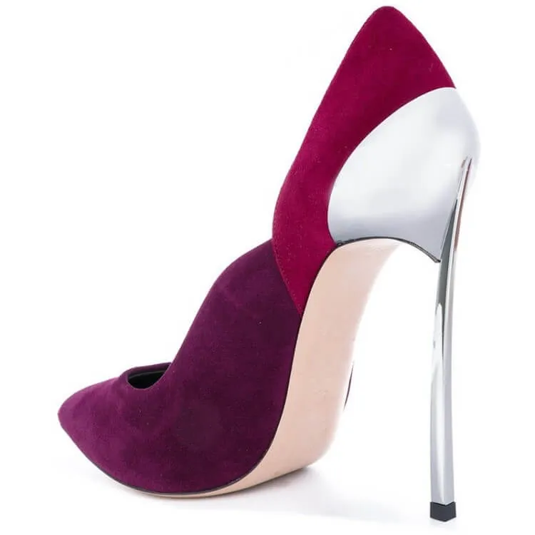 Purple Suede Patchwork Point Toe Stiletto Heel Pumps