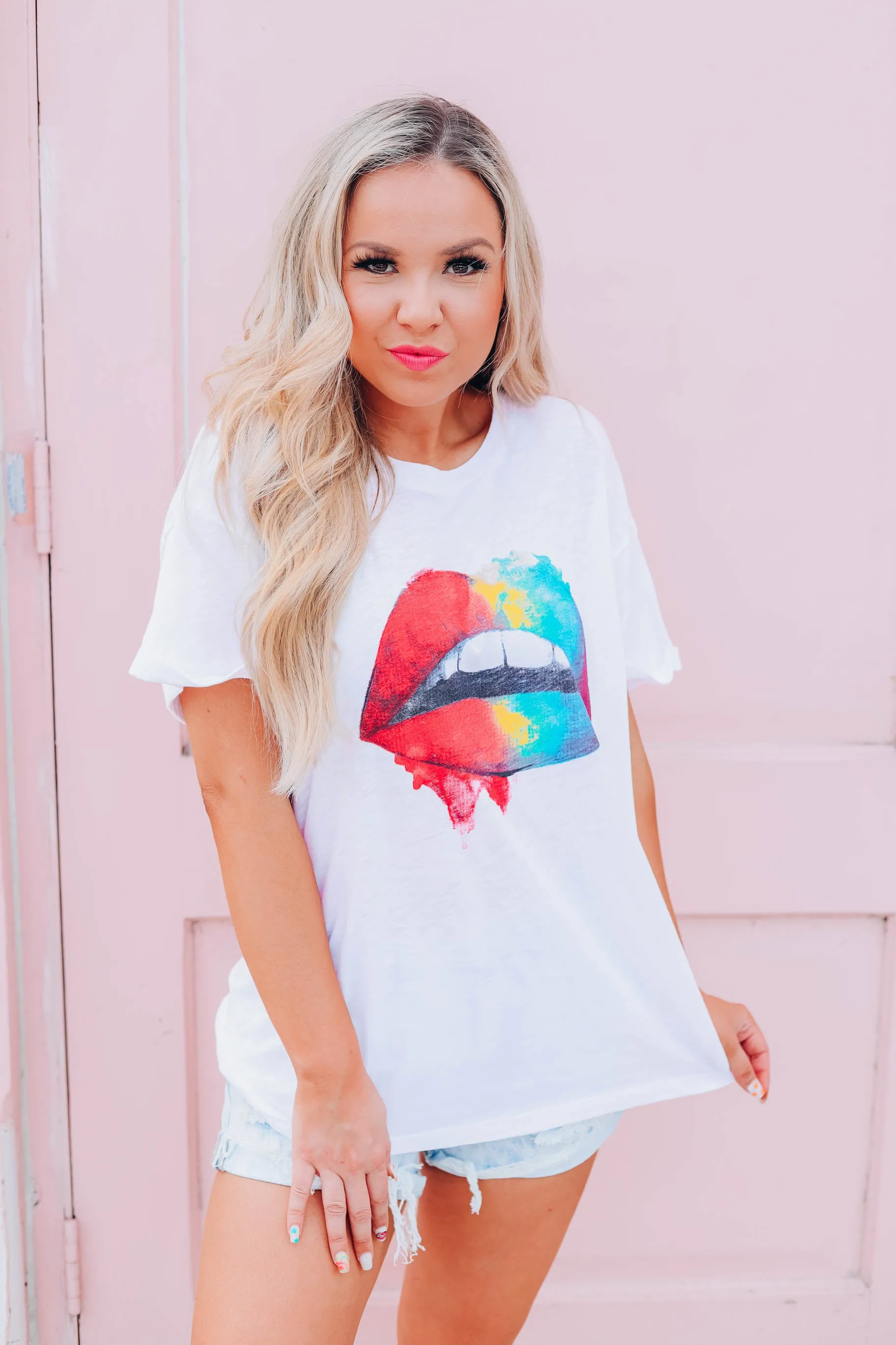 Rainbow Drippy Lip Graphic Tee - White
