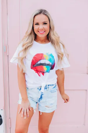 Rainbow Drippy Lip Graphic Tee - White