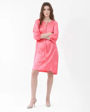 Rareism Women Biere Flouroscent Pink Polyester Fabric Full Sleeve Key Hole Neck Solid Regular Length Dress