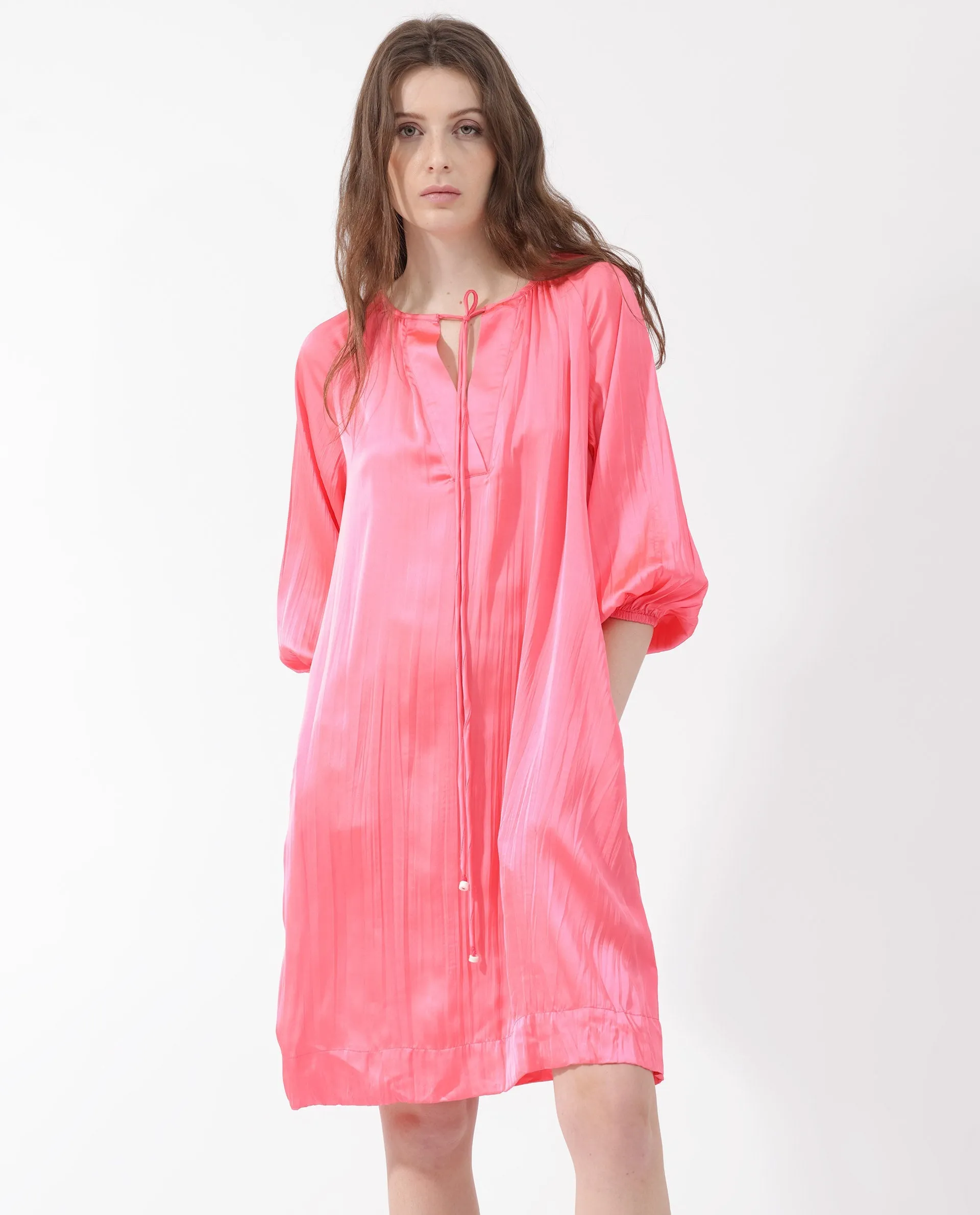 Rareism Women Biere Flouroscent Pink Polyester Fabric Full Sleeve Key Hole Neck Solid Regular Length Dress