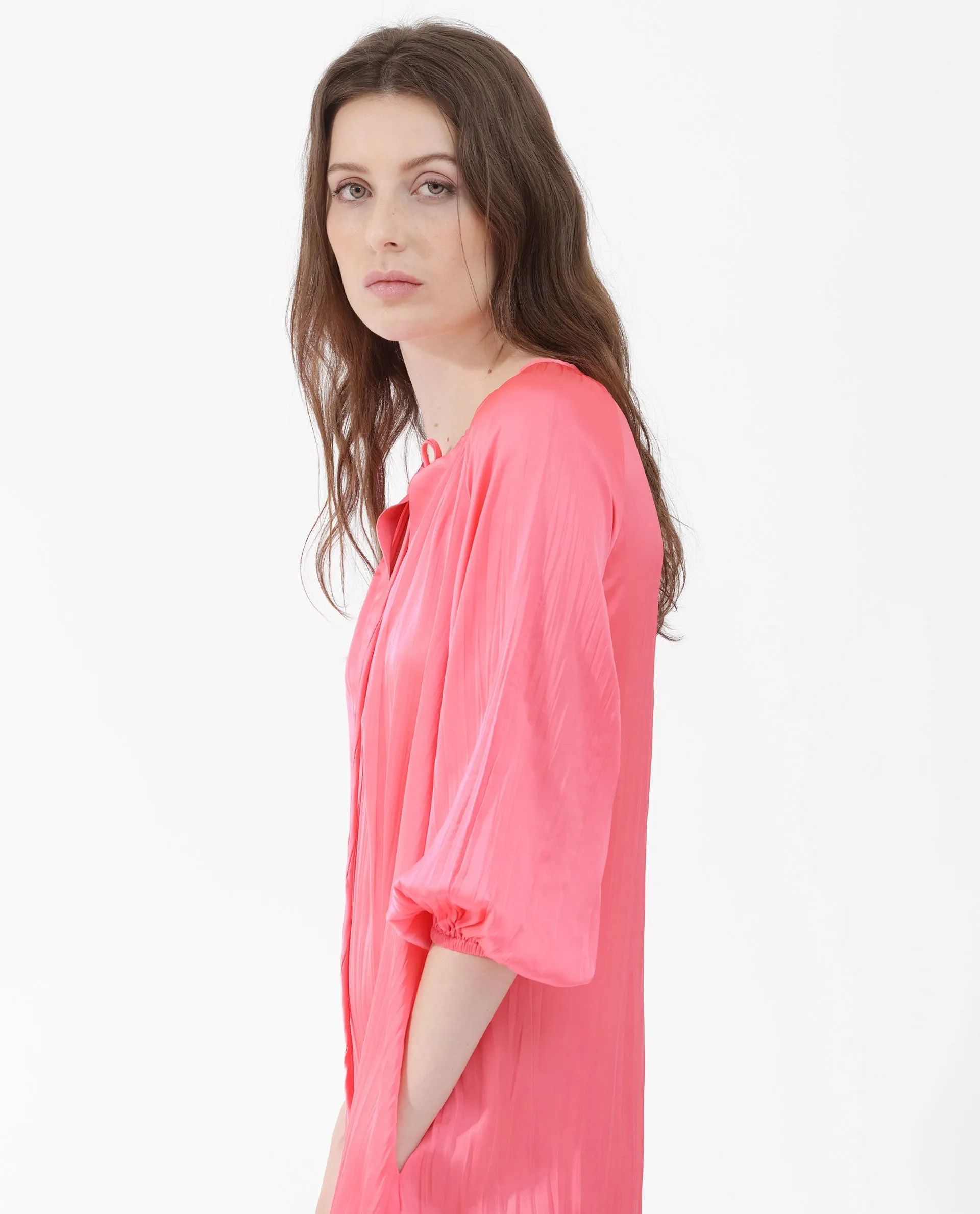 Rareism Women Biere Flouroscent Pink Polyester Fabric Full Sleeve Key Hole Neck Solid Regular Length Dress