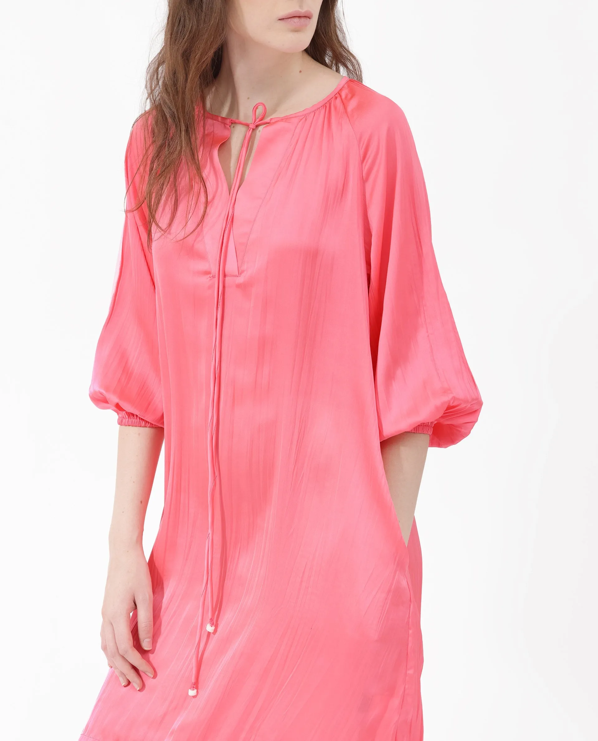 Rareism Women Biere Flouroscent Pink Polyester Fabric Full Sleeve Key Hole Neck Solid Regular Length Dress