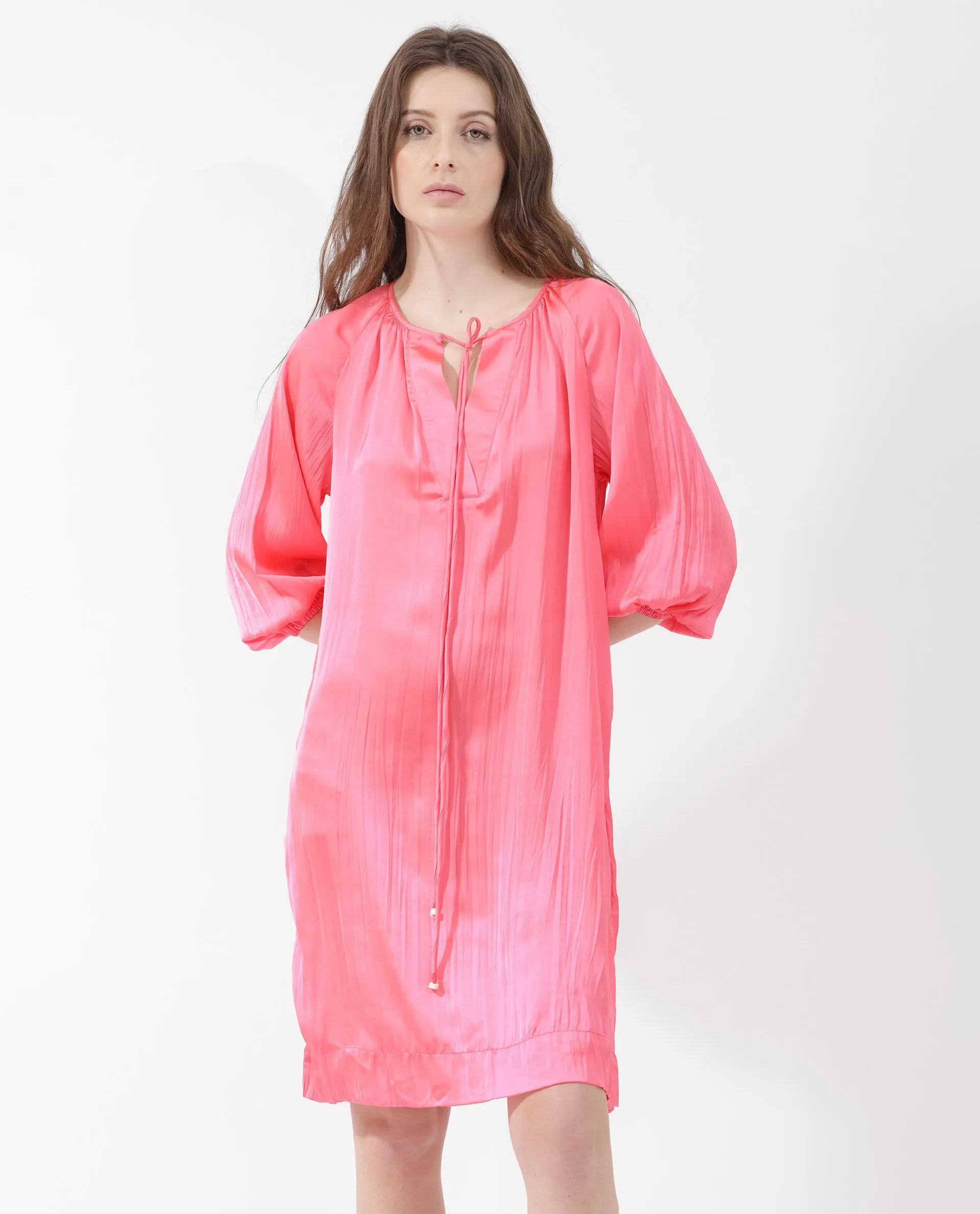 Rareism Women Biere Flouroscent Pink Polyester Fabric Full Sleeve Key Hole Neck Solid Regular Length Dress