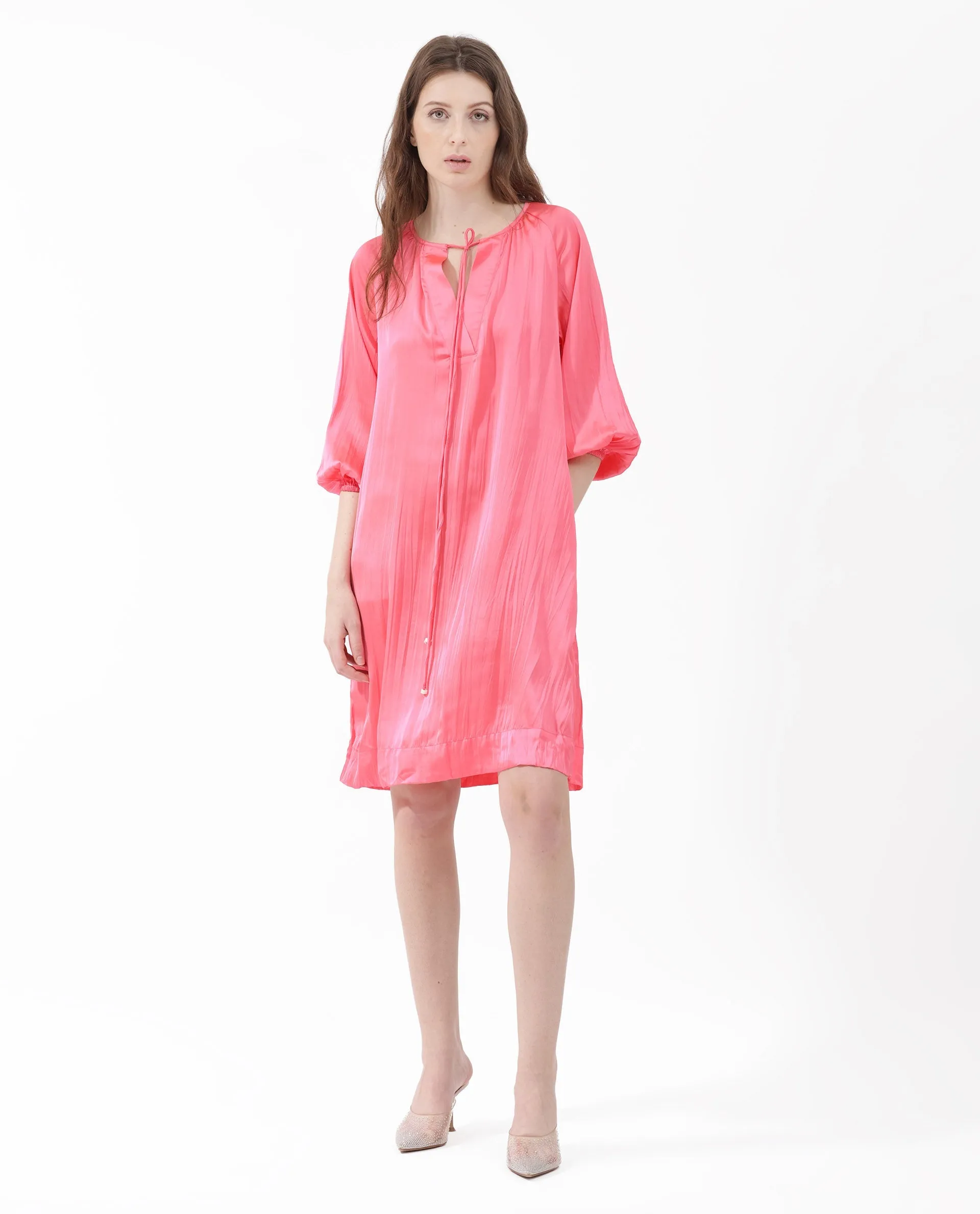 Rareism Women Biere Flouroscent Pink Polyester Fabric Full Sleeve Key Hole Neck Solid Regular Length Dress