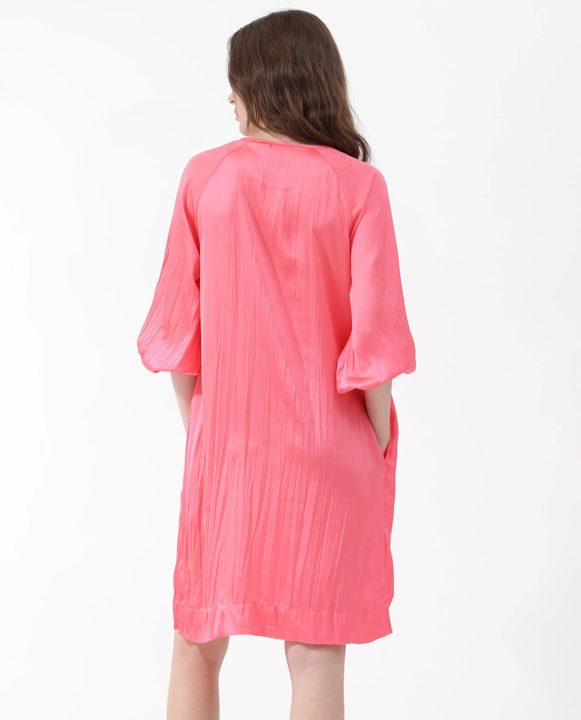 Rareism Women Biere Flouroscent Pink Polyester Fabric Full Sleeve Key Hole Neck Solid Regular Length Dress