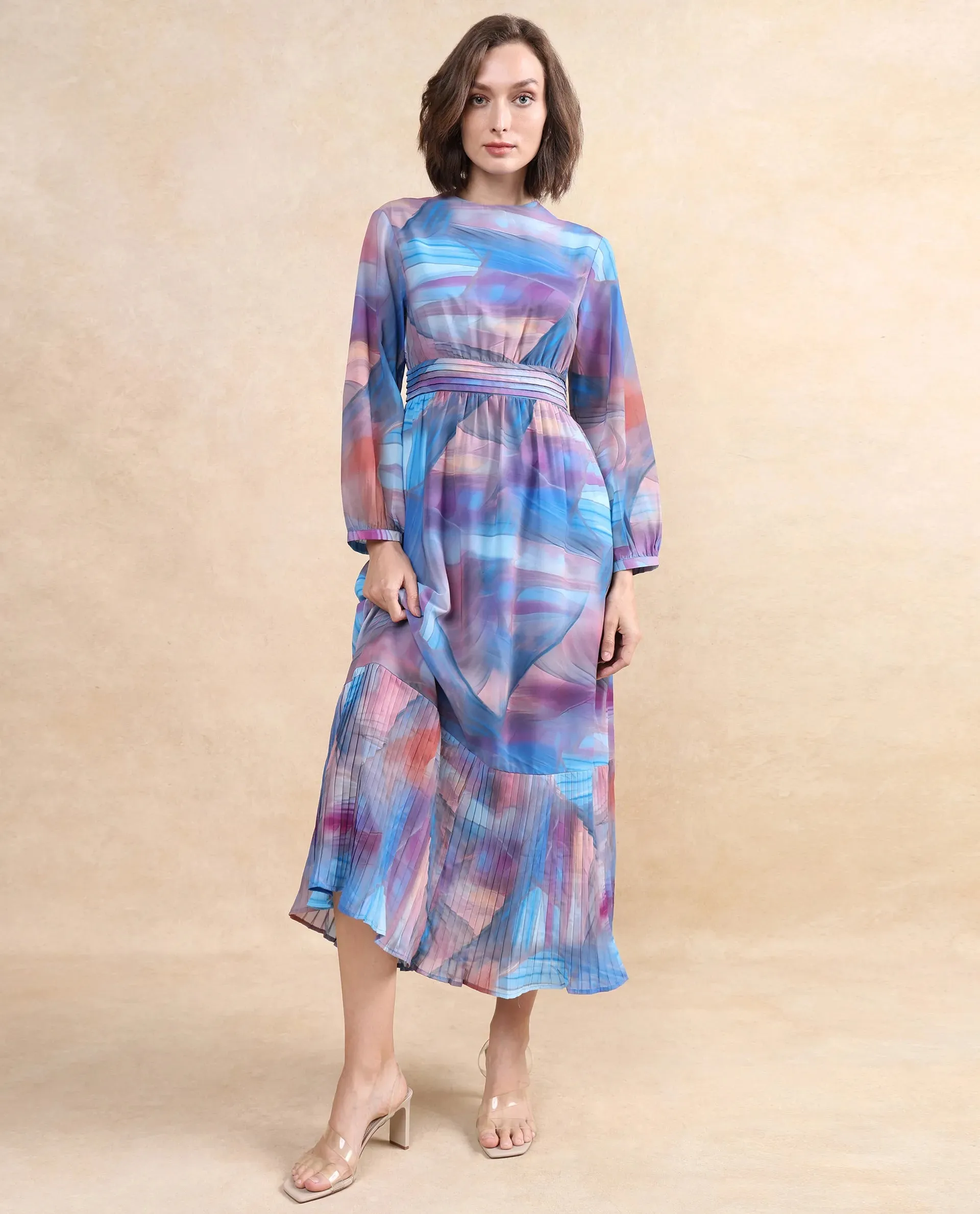 Rareism Women Yason Multi Bishop Sleeve Round Neck Zipper Closure Fit And Flare Midi Abstract Print Dress