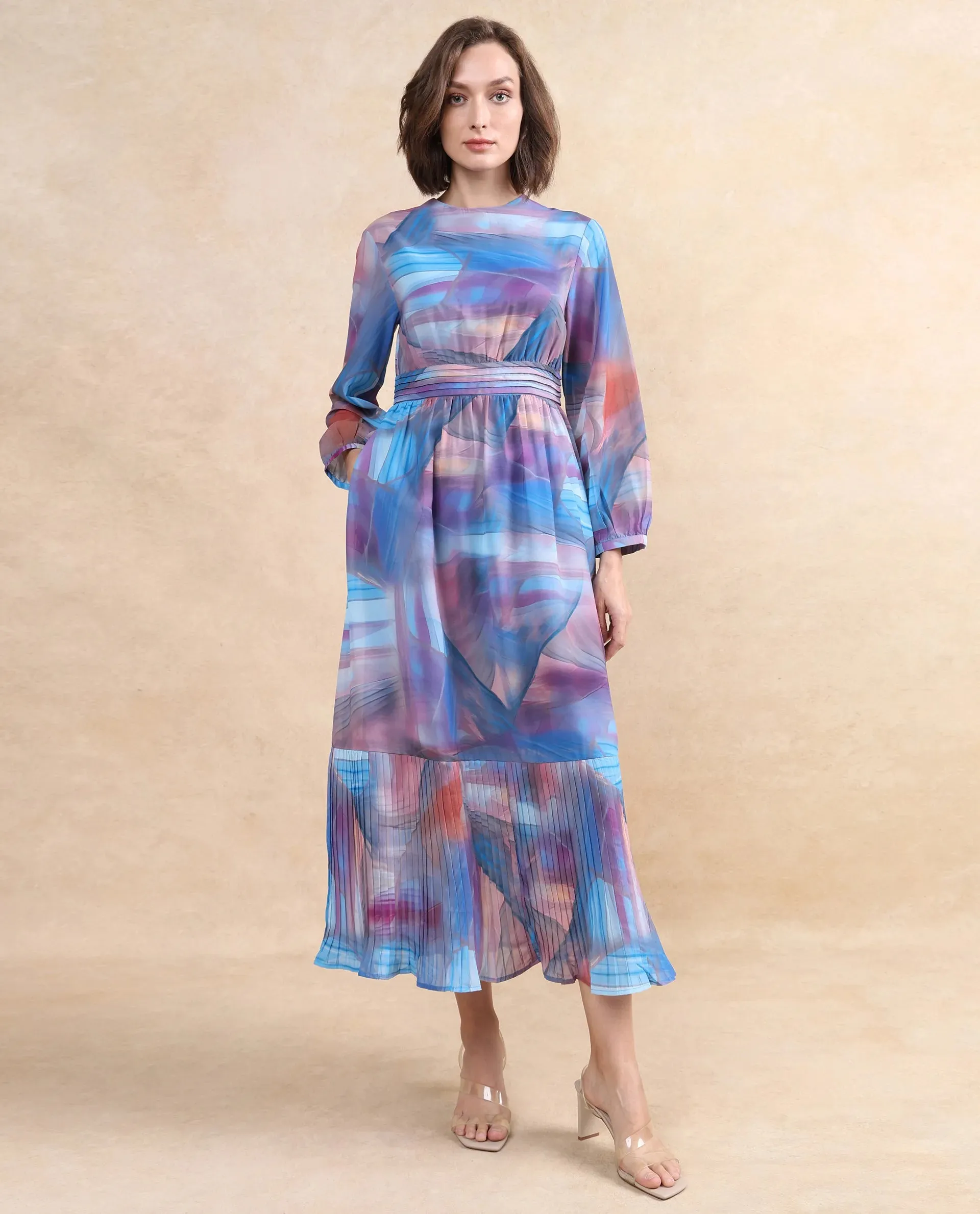 Rareism Women Yason Multi Bishop Sleeve Round Neck Zipper Closure Fit And Flare Midi Abstract Print Dress