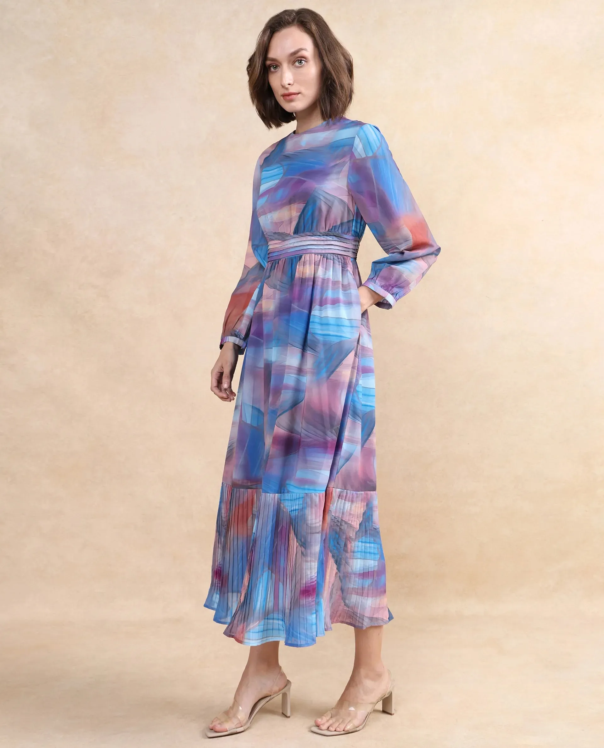 Rareism Women Yason Multi Bishop Sleeve Round Neck Zipper Closure Fit And Flare Midi Abstract Print Dress