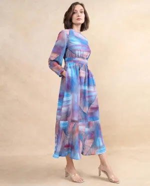 Rareism Women Yason Multi Bishop Sleeve Round Neck Zipper Closure Fit And Flare Midi Abstract Print Dress