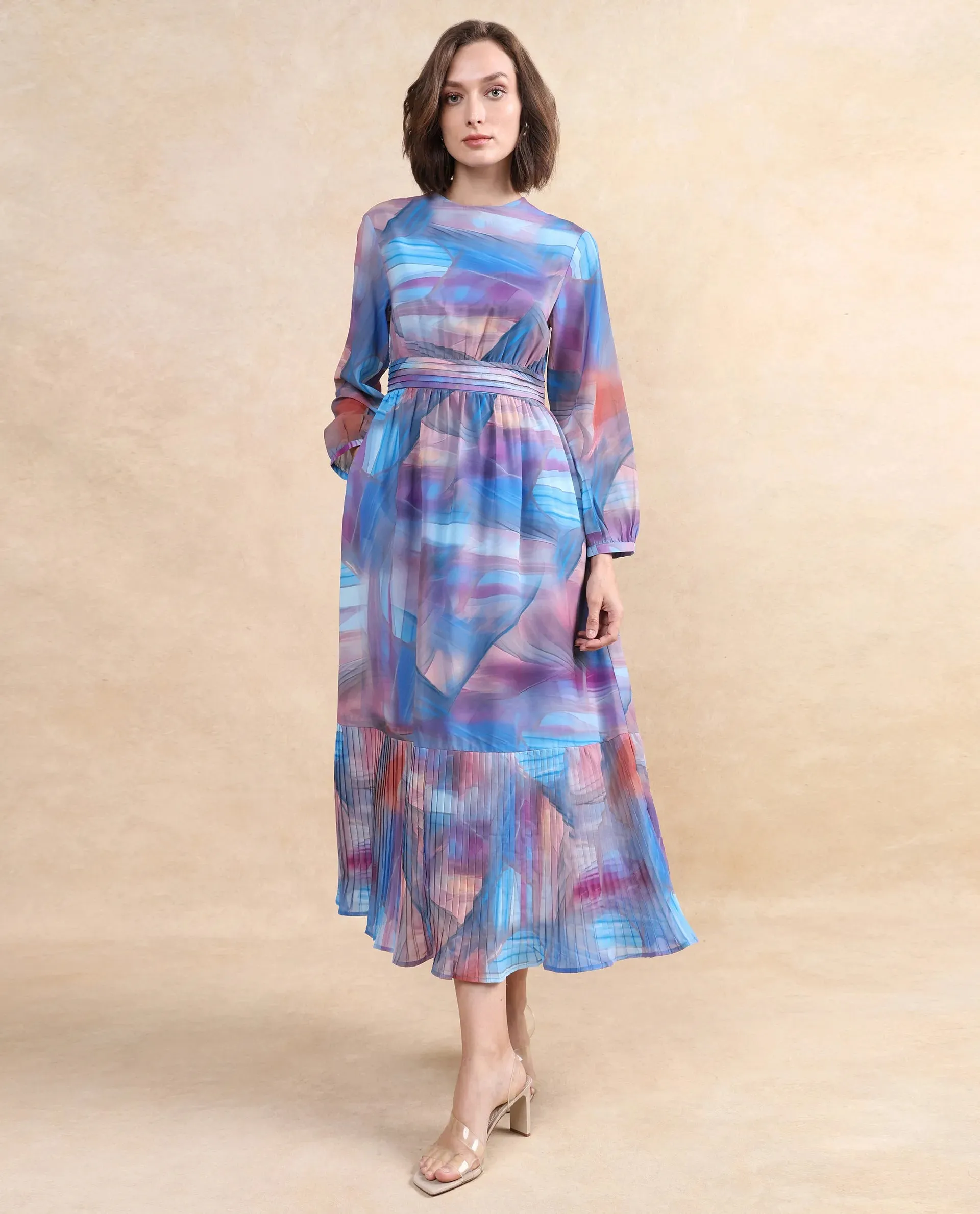 Rareism Women Yason Multi Bishop Sleeve Round Neck Zipper Closure Fit And Flare Midi Abstract Print Dress