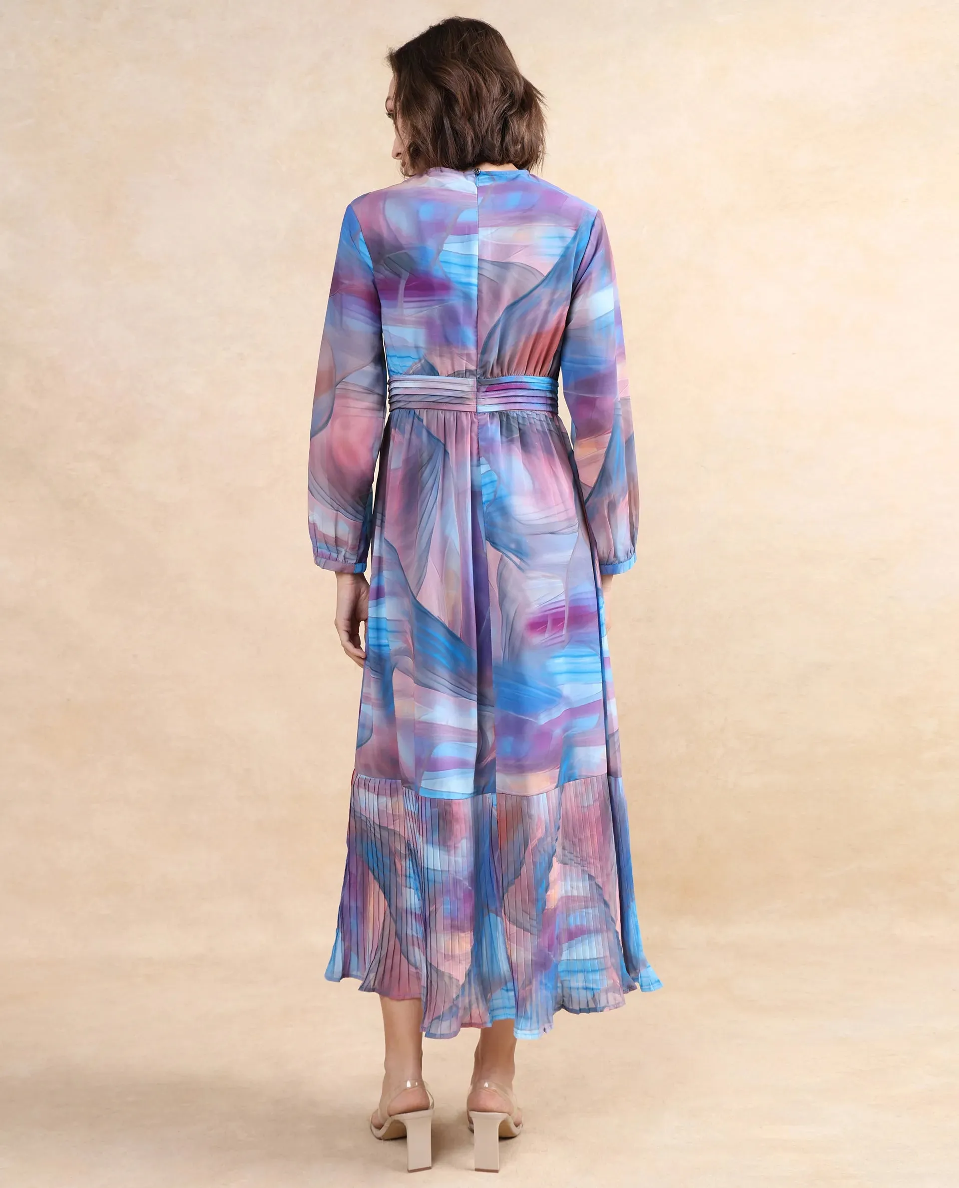 Rareism Women Yason Multi Bishop Sleeve Round Neck Zipper Closure Fit And Flare Midi Abstract Print Dress