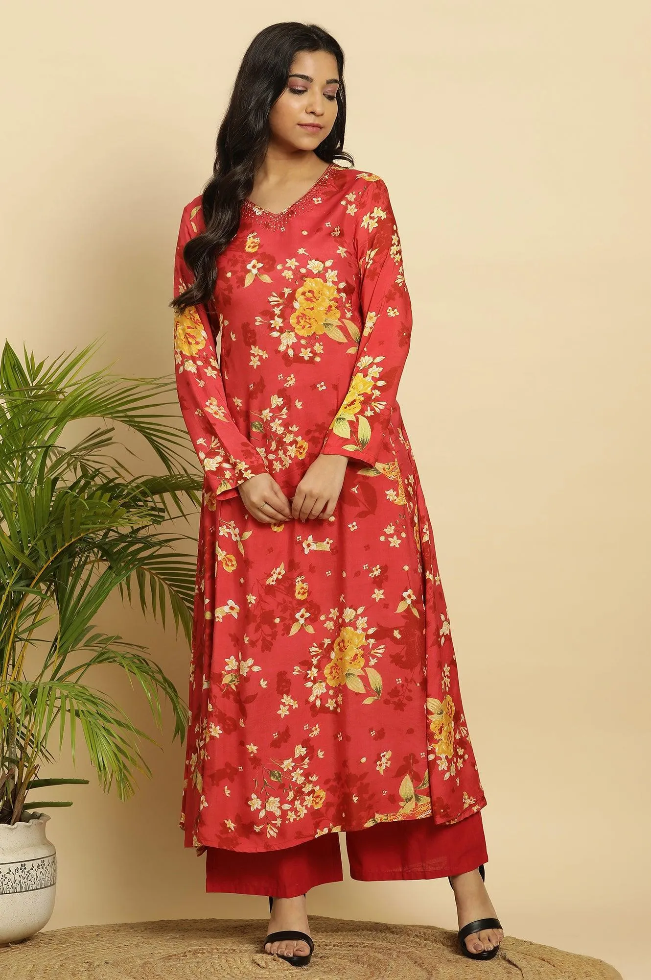 Red Floral Printed Flared Kurta