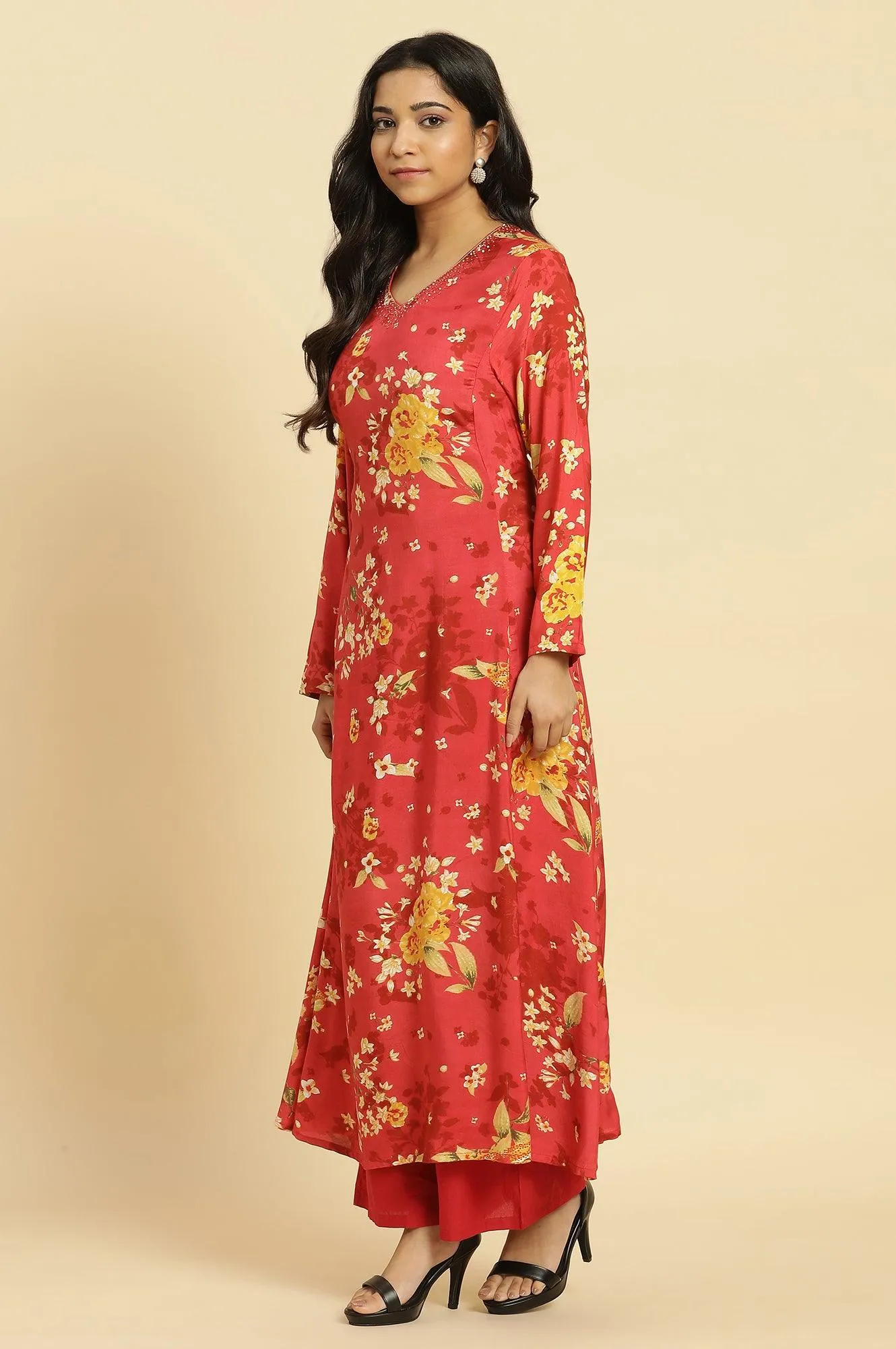 Red Floral Printed Flared Kurta