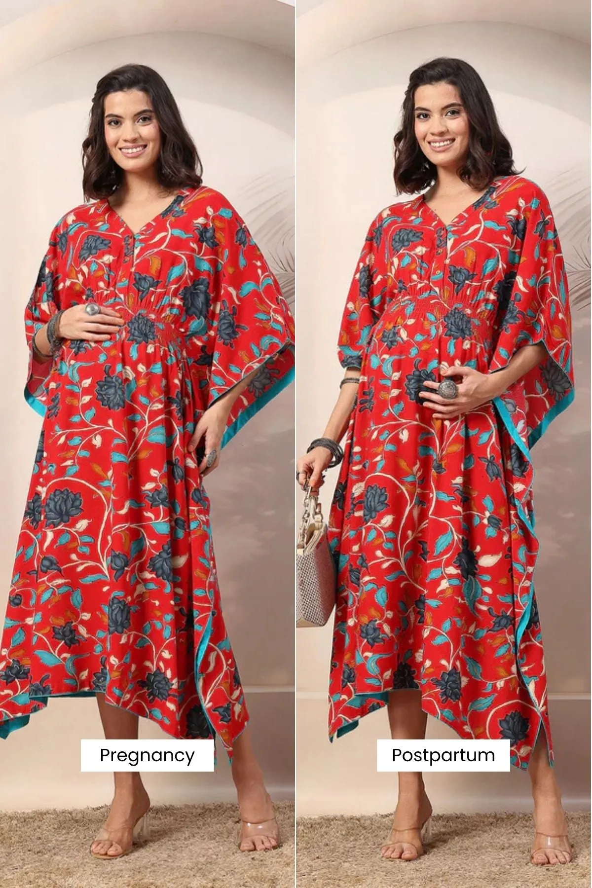 Red Scarlet Blossom Zipless Feeding Maternity Kaftan