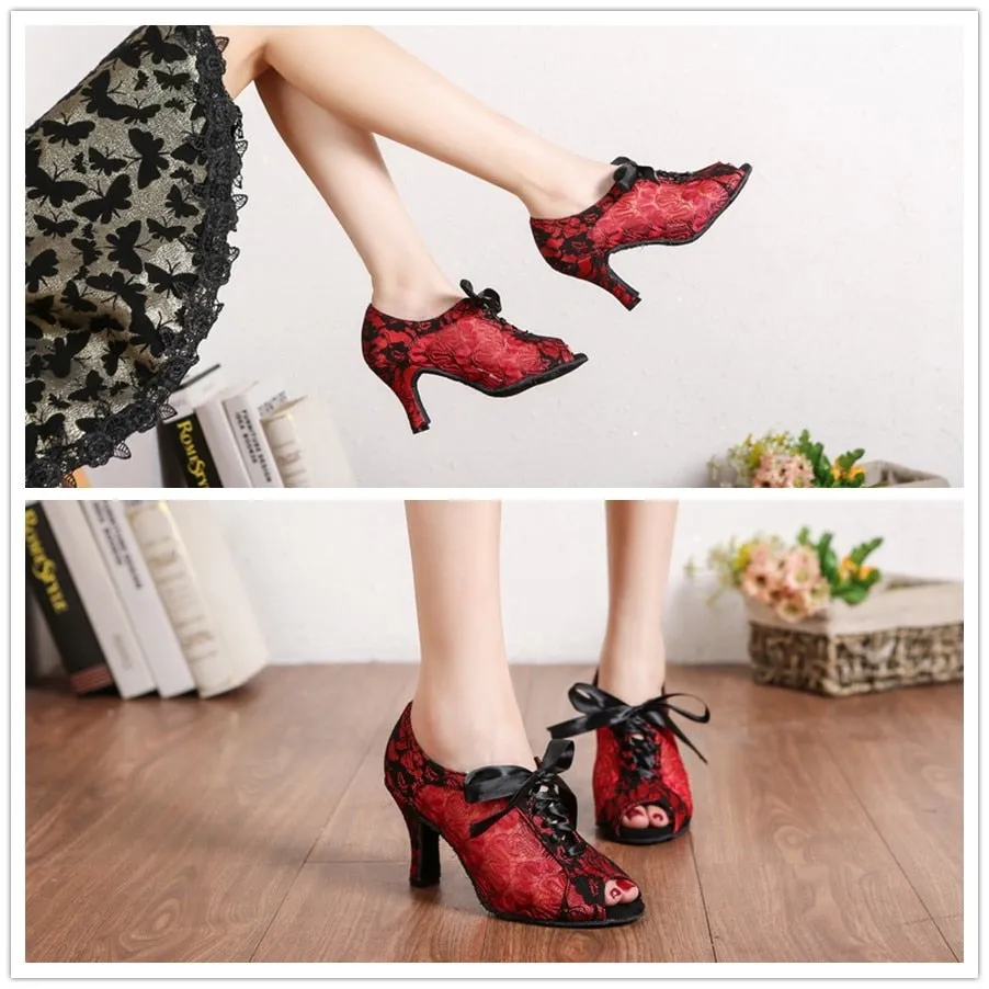 Red/Black Lace Ballroom Dance Shoes Womens Shoes