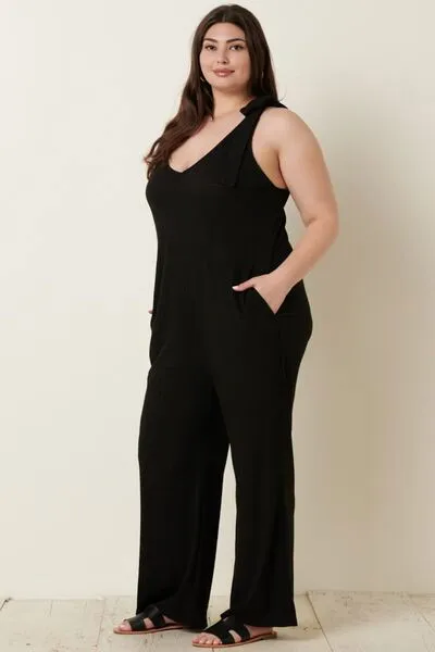 Rib Knit V-Neck Cross Back Jumpsuit for Women