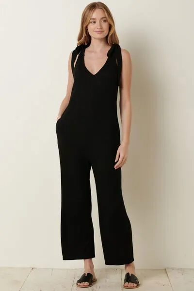 Rib Knit V-Neck Cross Back Jumpsuit for Women
