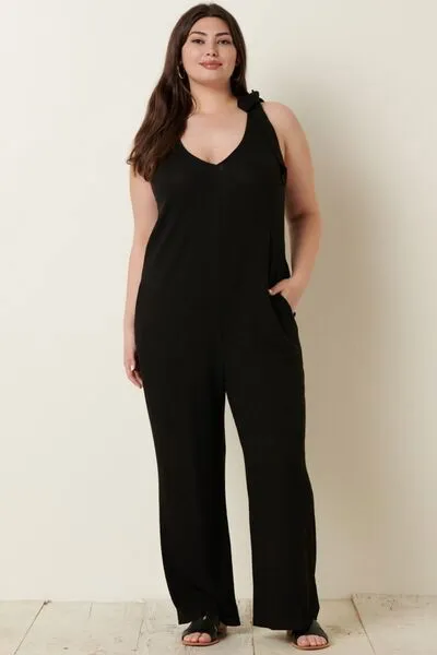 Rib Knit V-Neck Cross Back Jumpsuit for Women