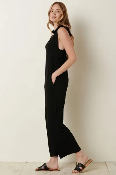 Rib Knit V-Neck Cross Back Jumpsuit for Women