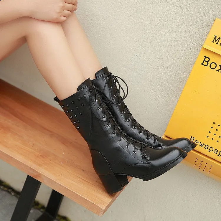 Rivets Lace Up Pointed Toe Middle Chunky Heels Short Boots