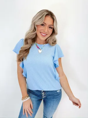 Ruffle Ribbed Flutter Sleeve Top - Blue