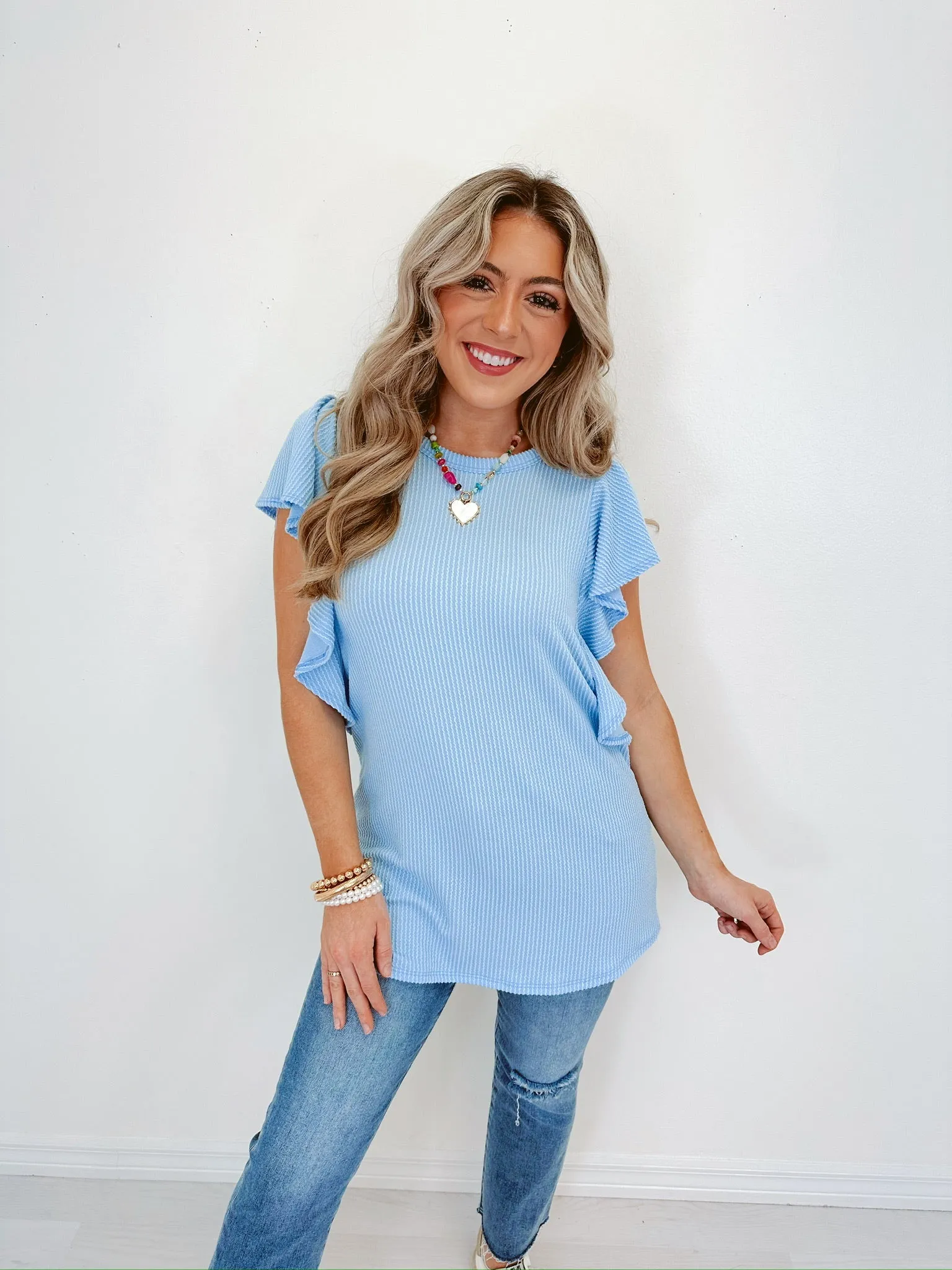 Ruffle Ribbed Flutter Sleeve Top - Blue