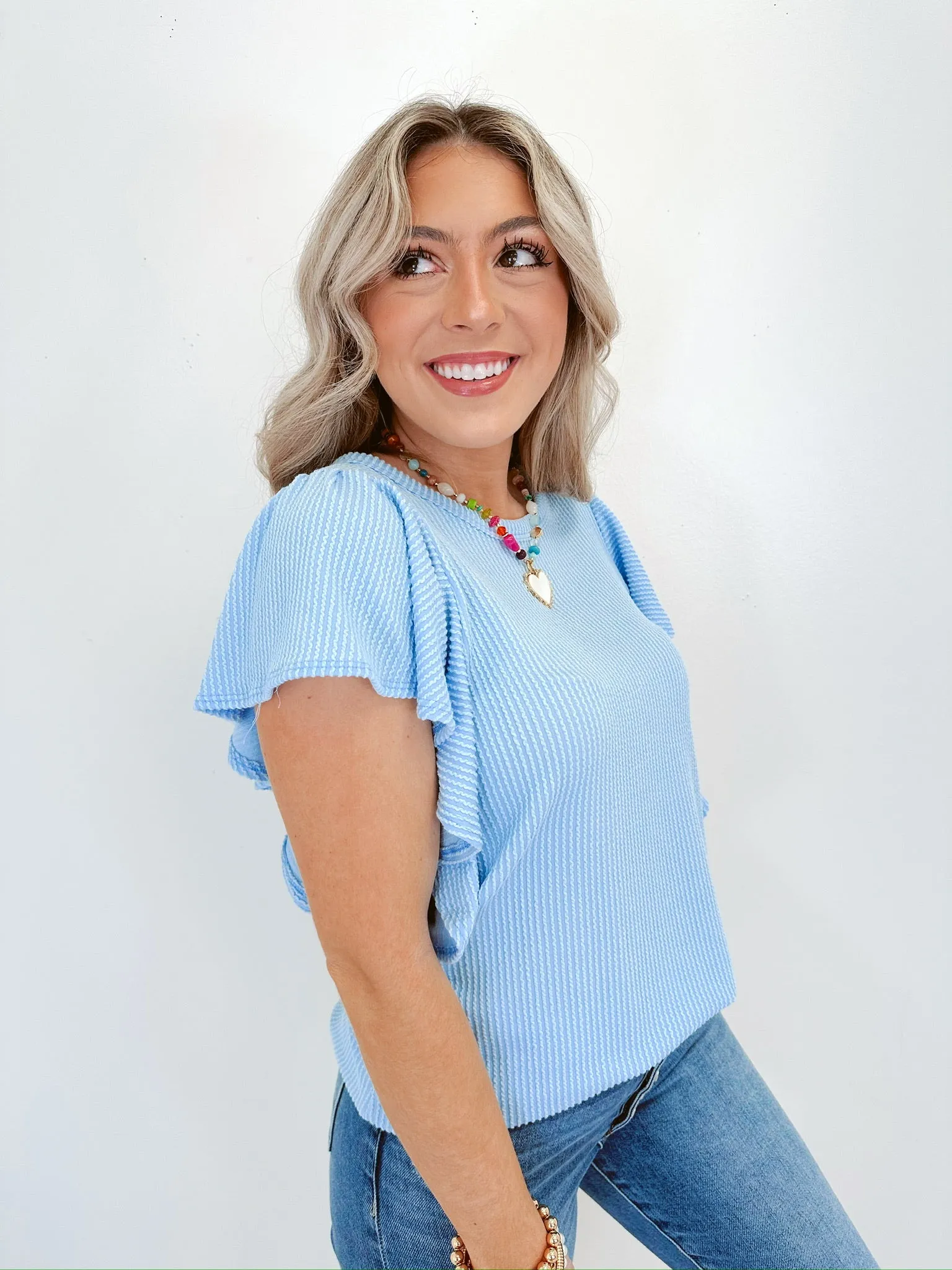 Ruffle Ribbed Flutter Sleeve Top - Blue