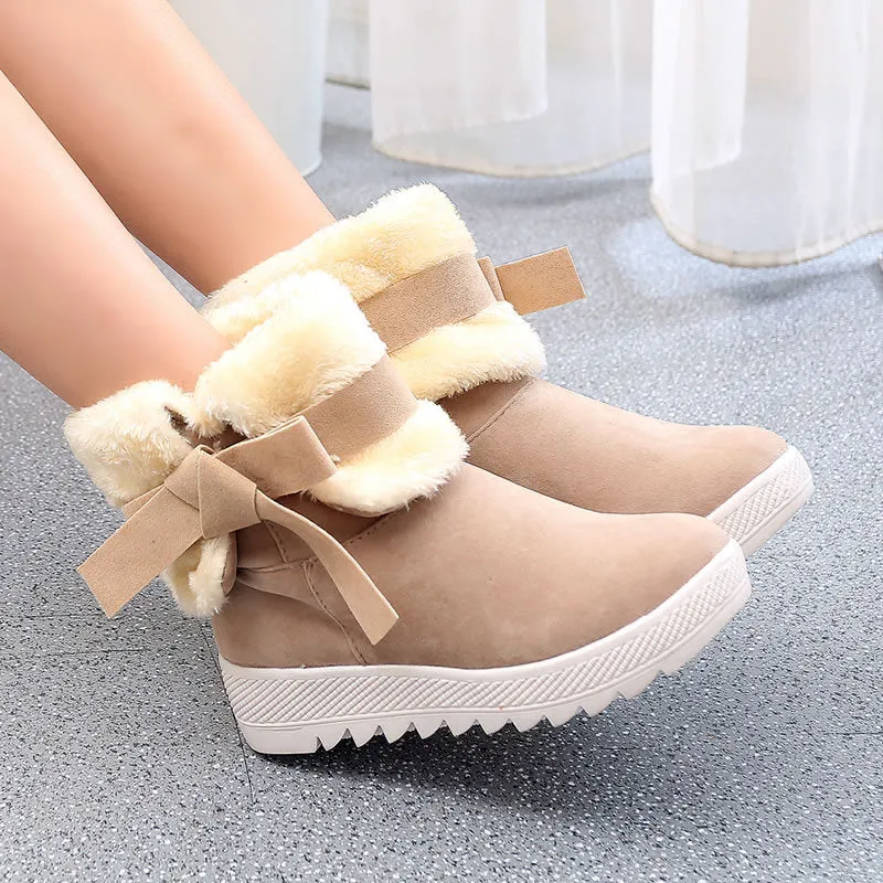 Scrub Pure color Bow Tie Slope Heel Round Toe Short Snow Boots
