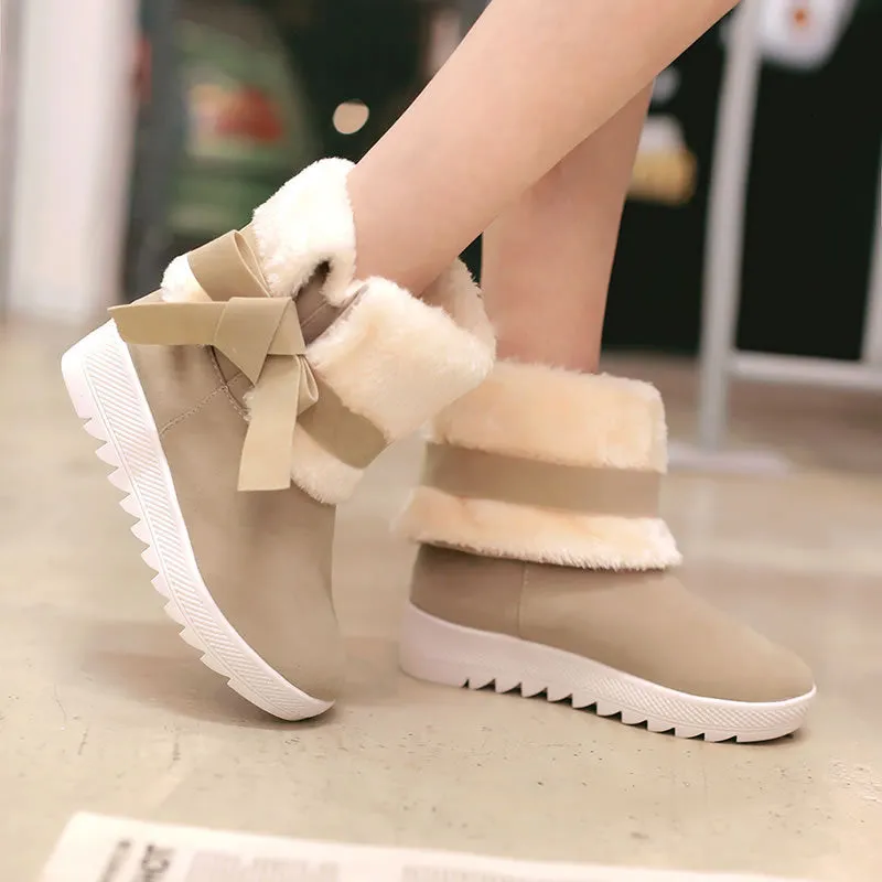 Scrub Pure color Bow Tie Slope Heel Round Toe Short Snow Boots