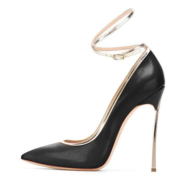 Sexy Black Leather Point Toe Buckle Pumps