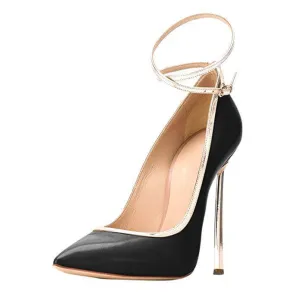 Sexy Black Leather Point Toe Buckle Pumps