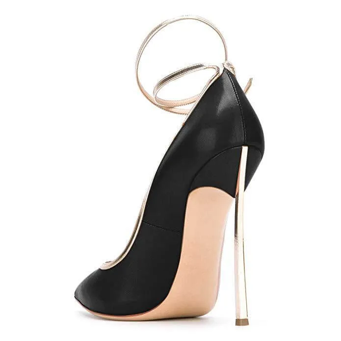 Sexy Black Leather Point Toe Buckle Pumps
