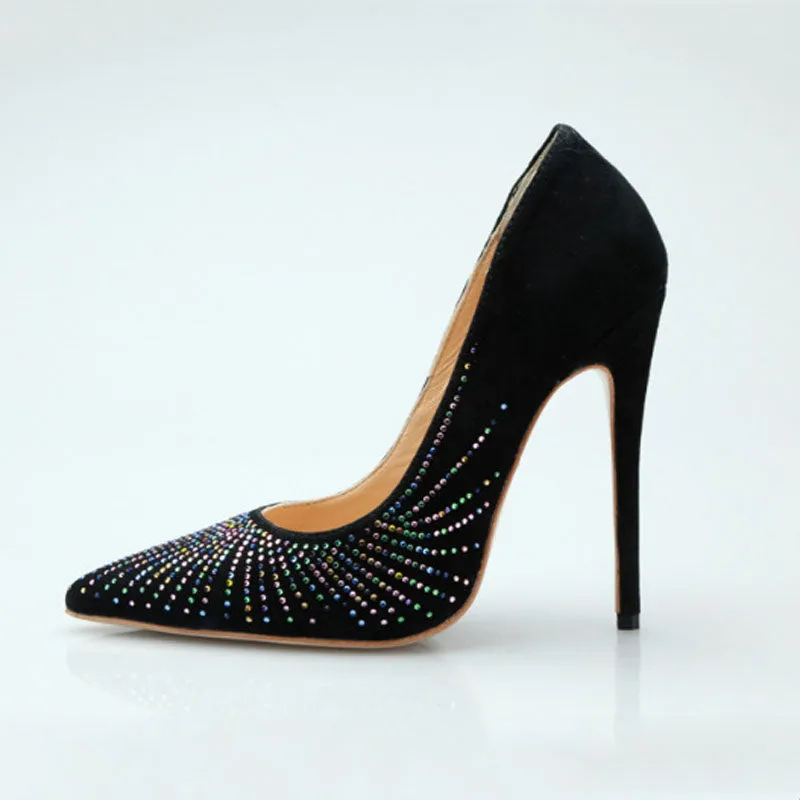 Sexy Black Leather Rhinestone Point Toe Pumps