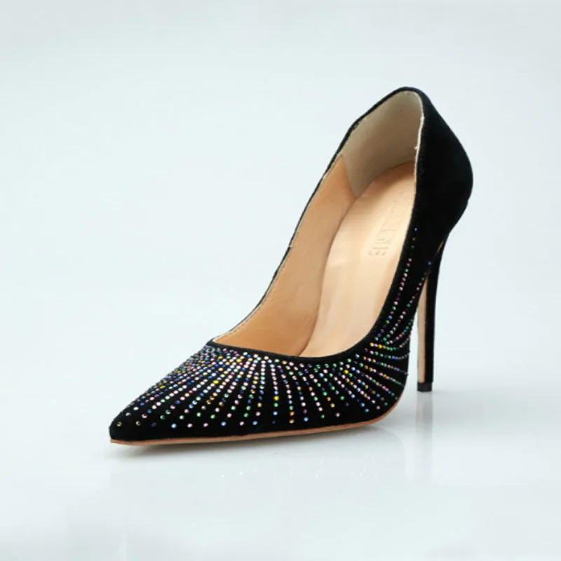 Sexy Black Leather Rhinestone Point Toe Pumps
