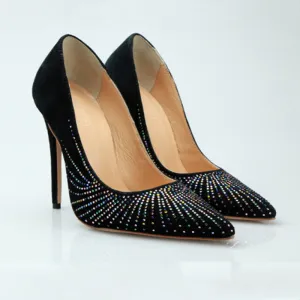 Sexy Black Leather Rhinestone Point Toe Pumps