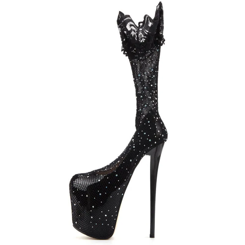 Sexy Black PU Mesh Cutout Platform Thigh High Pumps