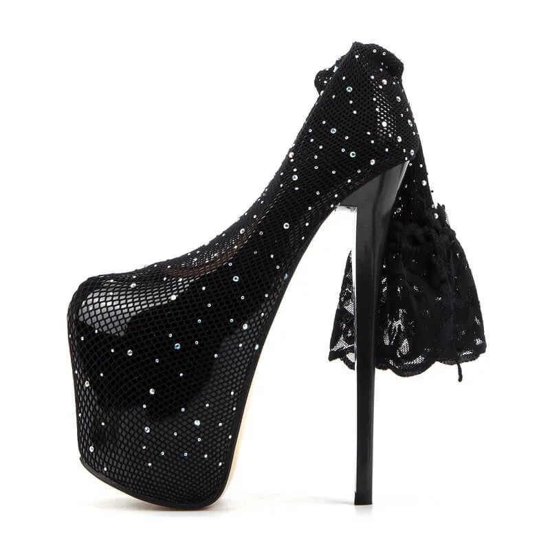 Sexy Black PU Mesh Cutout Platform Thigh High Pumps