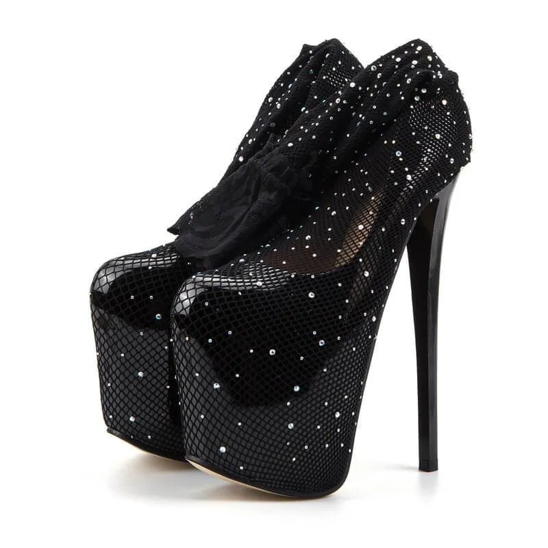 Sexy Black PU Mesh Cutout Platform Thigh High Pumps