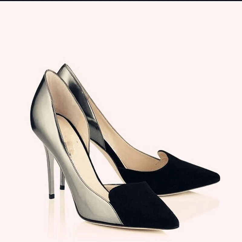 Simple Leather Suede Patchwork Point Toe Pumps