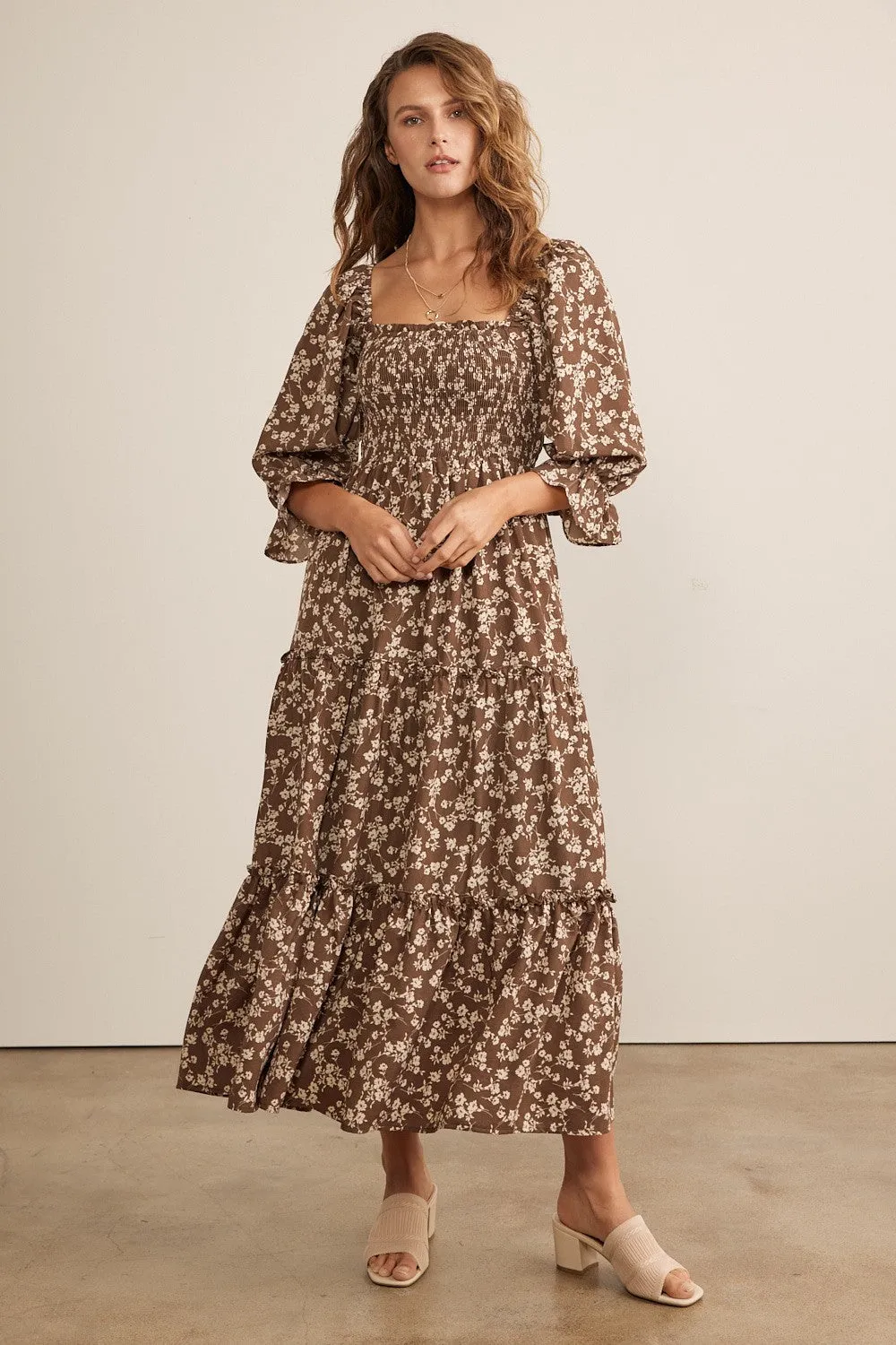 Smocked Tiered Midi Dress W Pockets - Brown Beige
