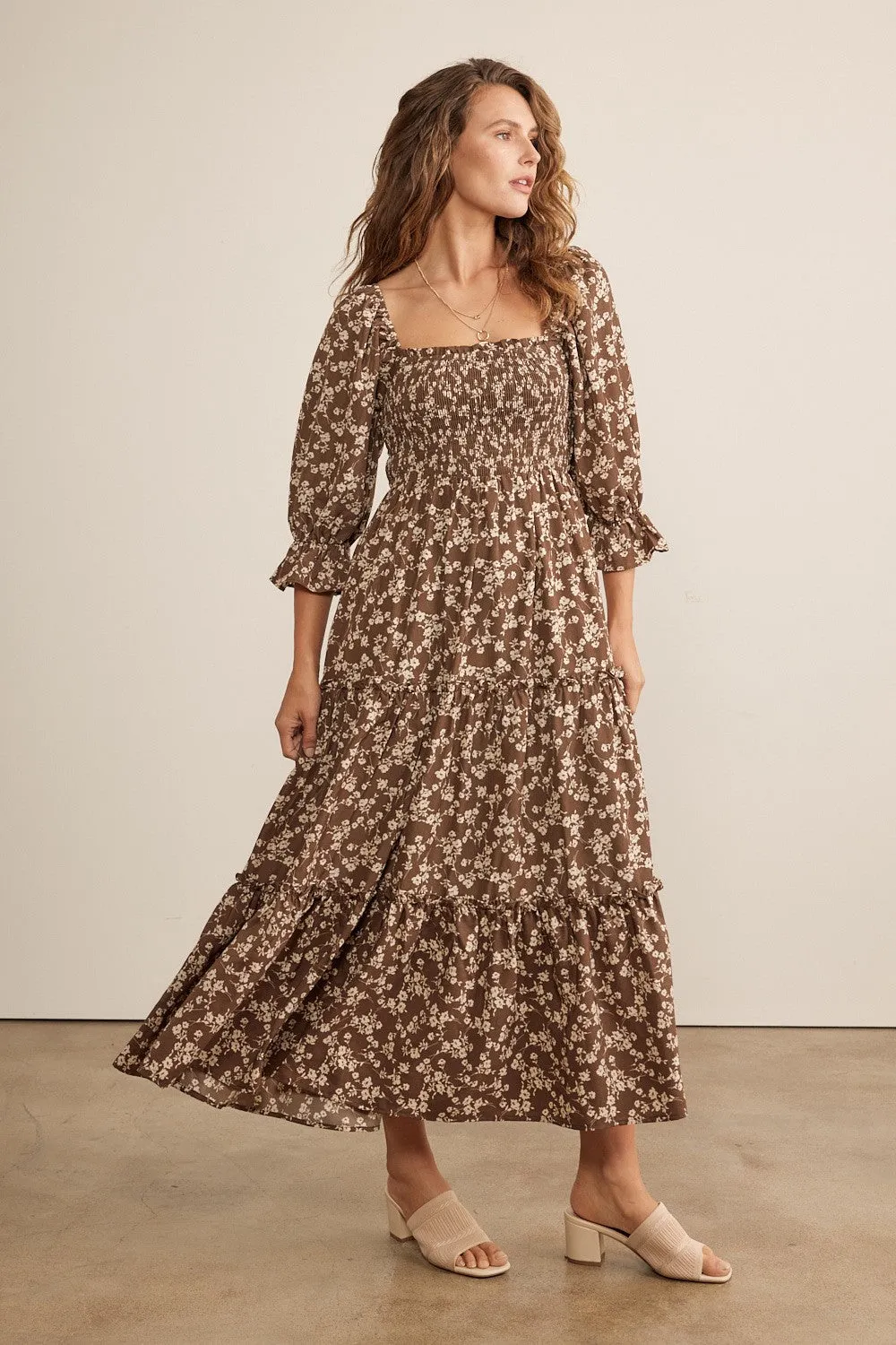 Smocked Tiered Midi Dress W Pockets - Brown Beige
