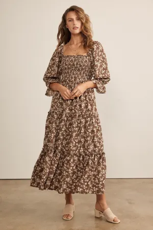 Smocked Tiered Midi Dress W Pockets - Brown Beige