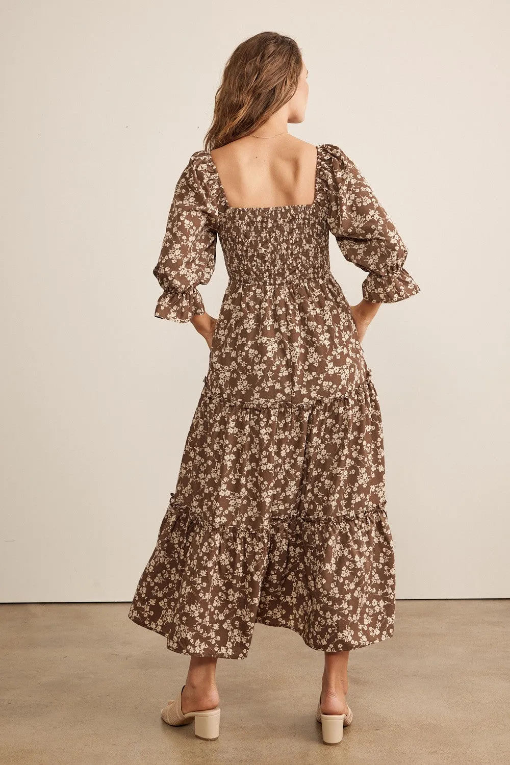 Smocked Tiered Midi Dress W Pockets - Brown Beige