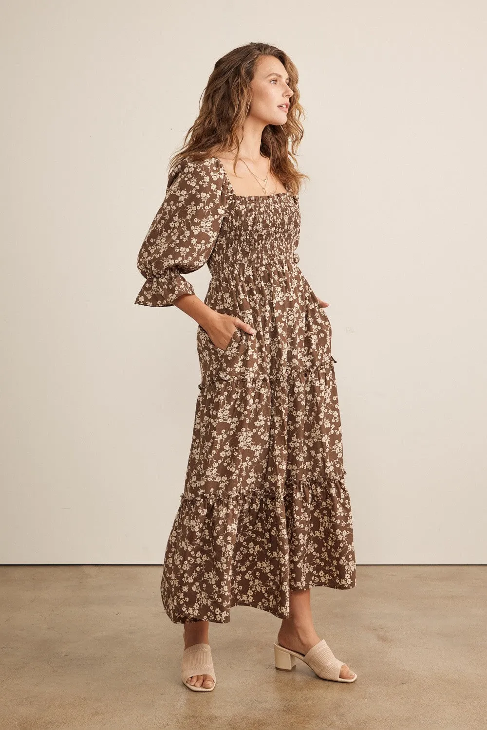 Smocked Tiered Midi Dress W Pockets - Brown Beige